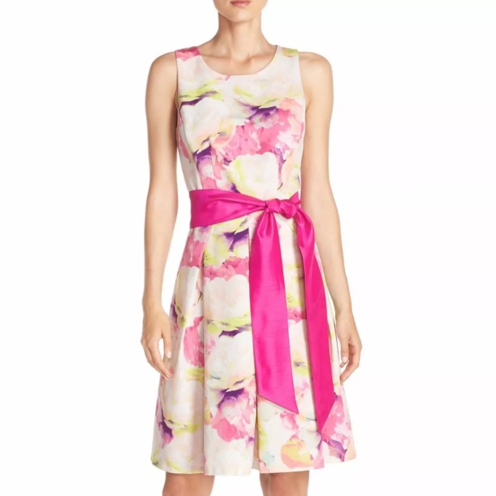 Eliza J Faille Belted Fit & Flare Dress Sleeveless Multicolor Pink Floral Sz 2